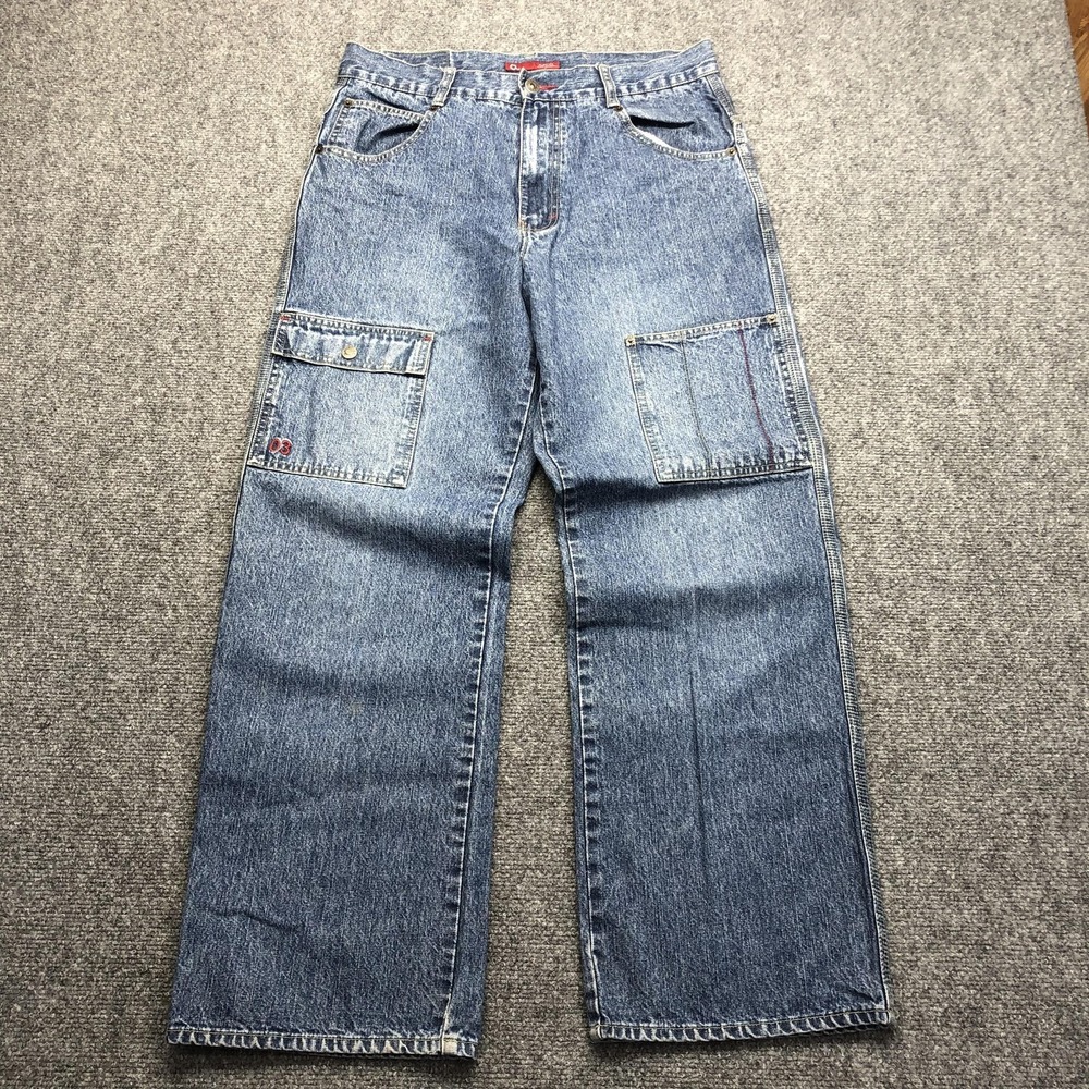 Baggy Y2K Jeans Mens 32x30 Blue Medium Wash Relaxed Straight Cargo Denim Pants